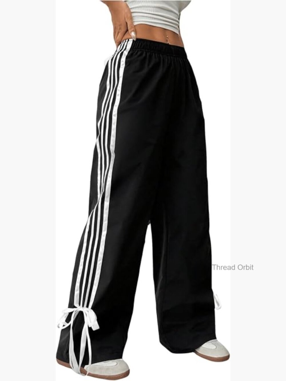 Side Striped Wide Leg Track Pants Bow Elastic High Waist Sweatpants